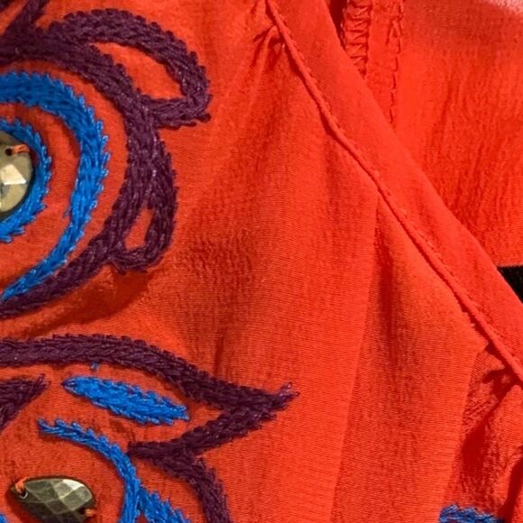Nanette Lepore Womens Beaded Embroidered Paisley Detail Red Silk Blouse 6 Boho - Picture 5 of 11